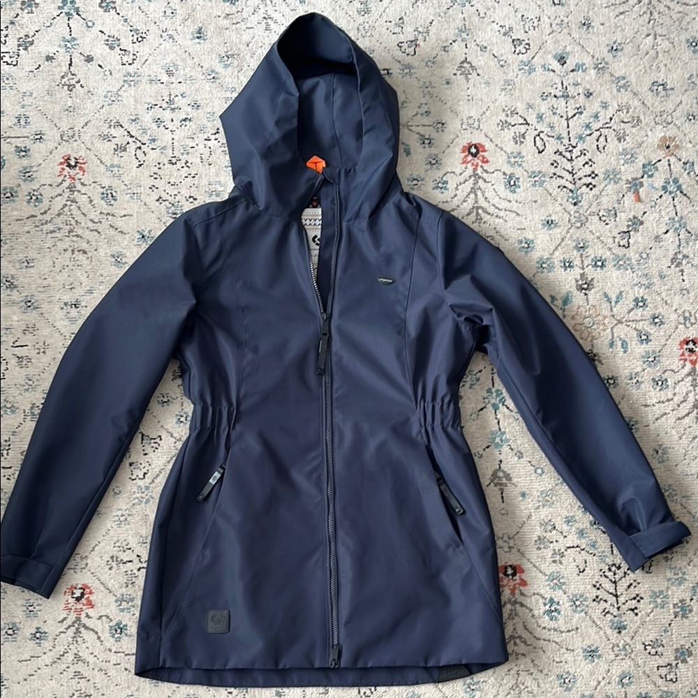 Blue rain jacket with Hood and Water-Resistant Fabric